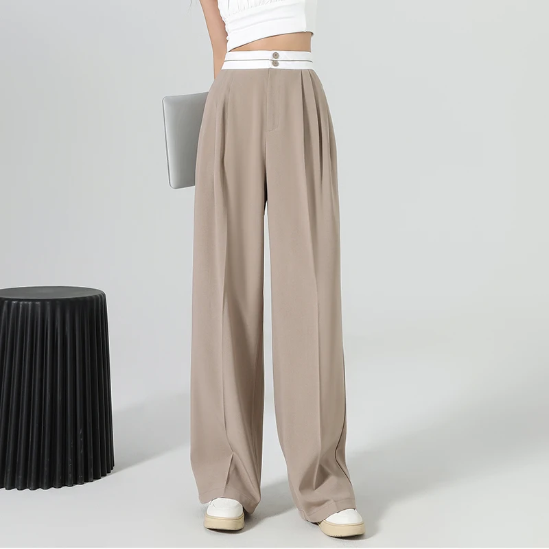 

New 2023 high waist wide leg pants for women spring and summer loose straight trousers trousers double button casual suit pants
