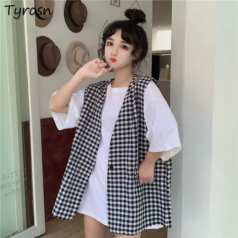 

Plaid Vests Women Retro Sleeveless Outwear Elegant All-match Single Button Coats Korean Fashion V-neck Waistcoats Mujer Classic