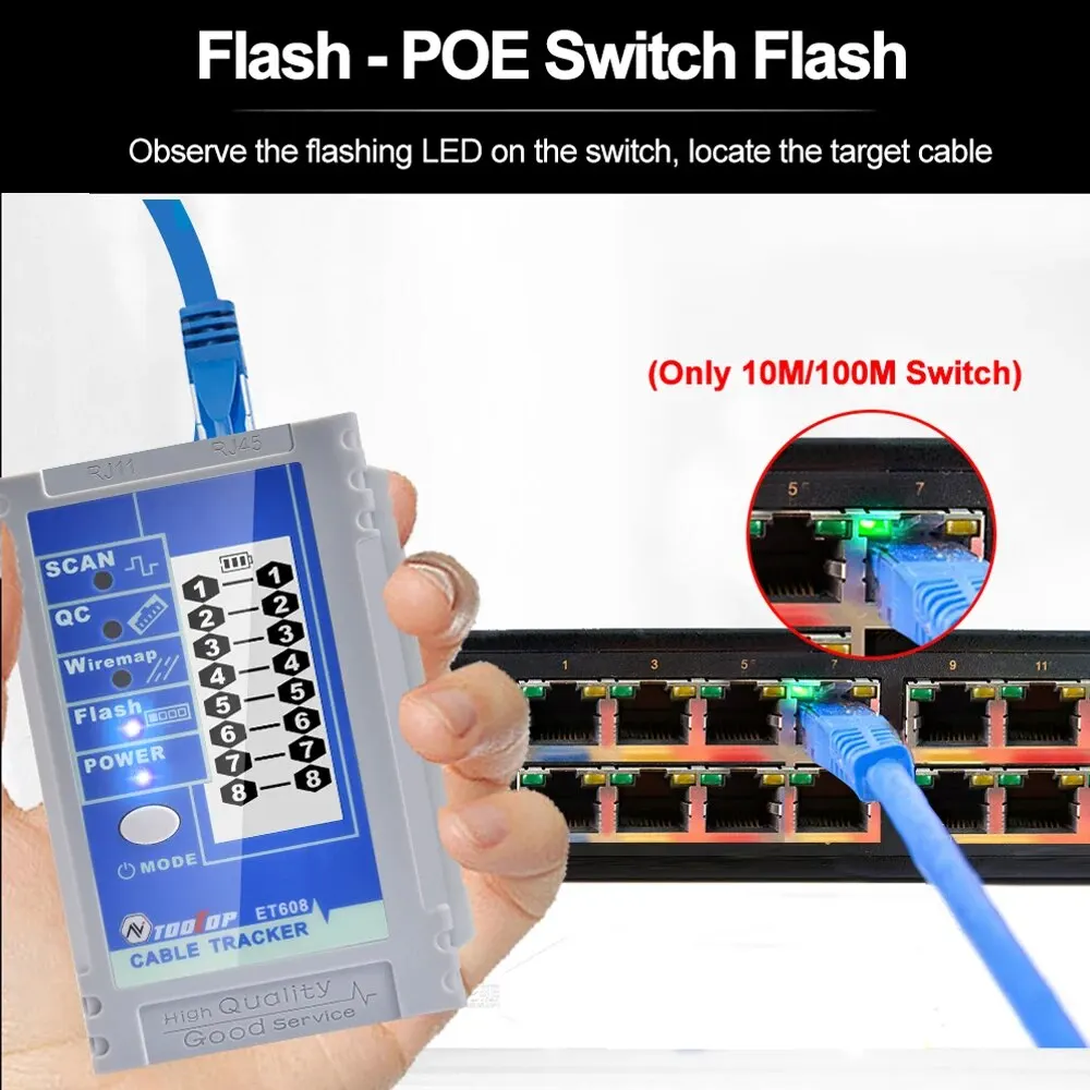 TOOLTOP ET608 LCD Display LAN Tester Dual Lithium Battery Network Connector Crimp Test POE Flash Digital Vibration Cable Tracing