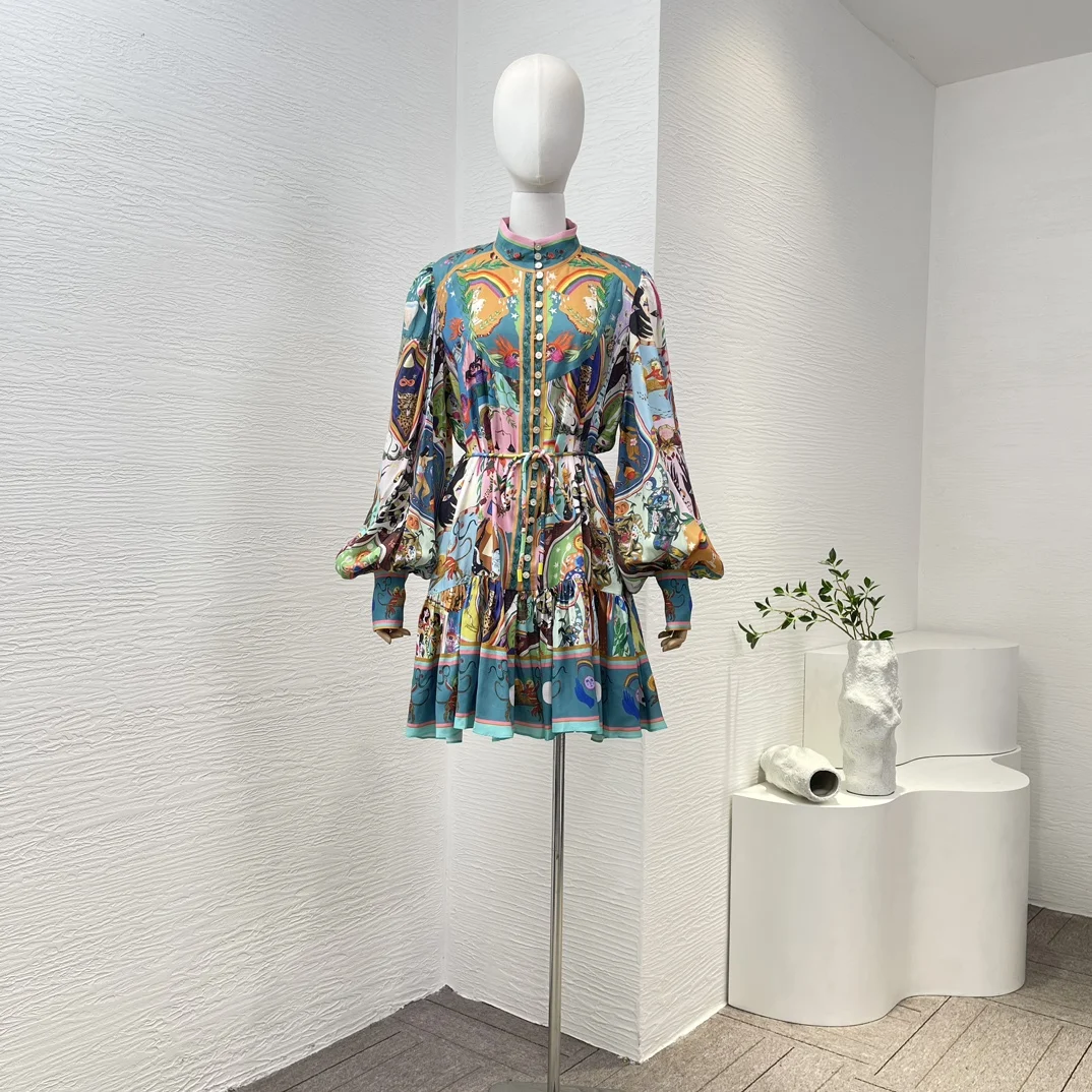 

Floral Print Full Lantern Sleeve Tied Waist Mini Dress High Quality Vintage Women Clothes for Holiday