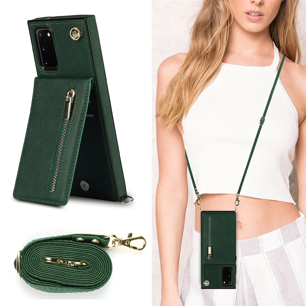 

Crossbody Zipper Pocket Card Holder Square Case for Samsung Note20 Ultra Note10 Plus Note9 Neck Strap Shoulder Bag Cover
