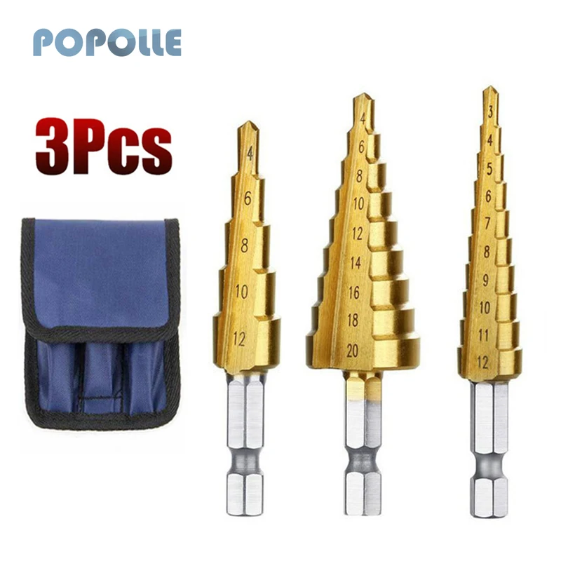 3pcs/set 3-12/4-12/4-20mm HSS Titanium Coated Hex Shank Straight Slot Step Drills for Wood Metal Hole Saw Coring Bits 3pcs set 3 12mm 4 12mm 4 20mm hss nitriding black step drill bits titanium coated wood metal hole cutter core drilling tools set