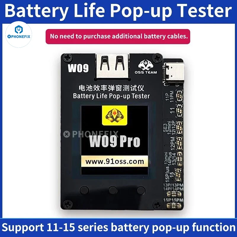 OSS W09 Pro V3 Battery Life Pop-Up Tester, remover mensagem importante da bateria, usar com iPhone 11, 12, 13, 14, 15 Pro Max