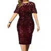 2022 Women Shiny Party Dresses M-5XL Size Evening Clothing O Neck Lace Short Sleeve Sheath Vintage Sequin Wedding Dress Ladies 1