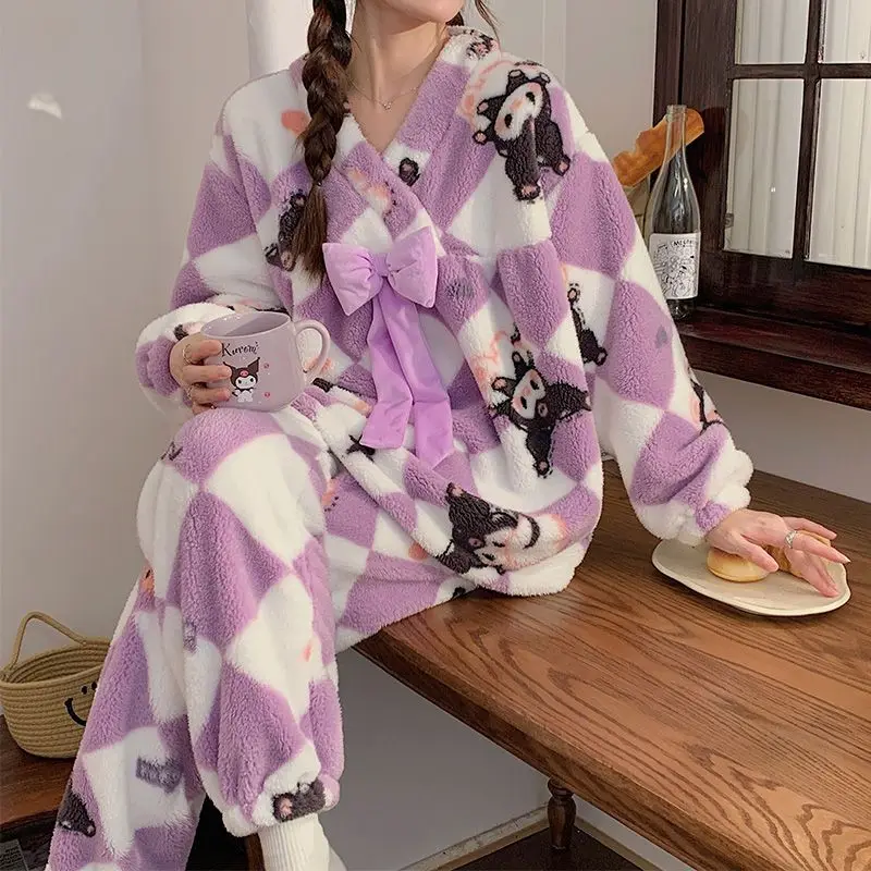 

Sanrio Kuromi Cartoon Anime Kawaii Plus Velvet Pajamas Coral Fleece Keep Warm Thicken Suit Two Piece Set Women's Sweet The New