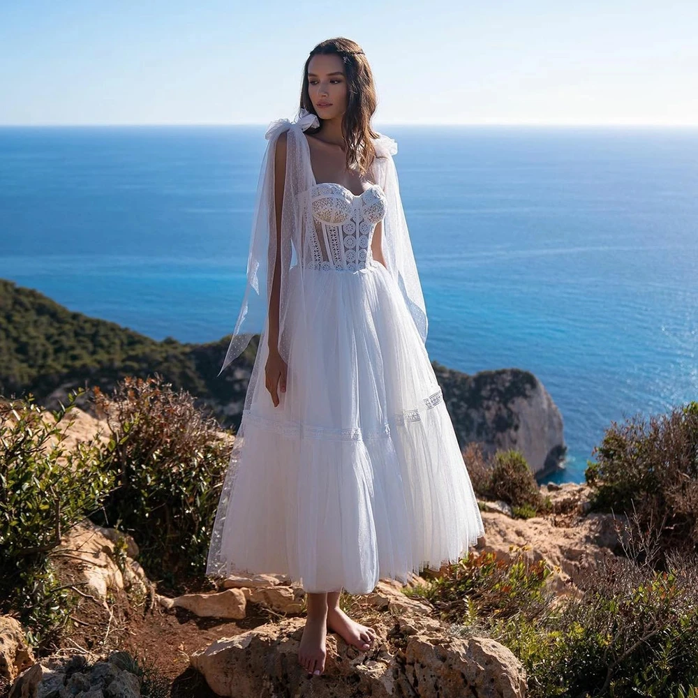 

Sumnus Short A-Line BOHO Wedding Dresses Lace Appliques Sweetheart Lace-Up Corset Bridal Gowns Beach Bride Dress Robes de mariée