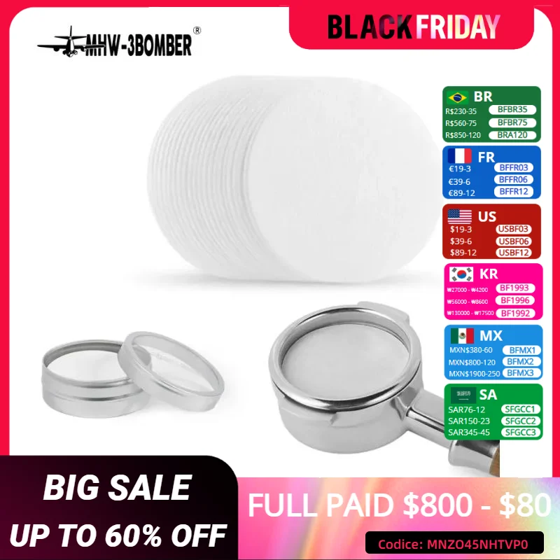 MHW-3BOMBER 100 Pieces Disposable Coffee Filter Paper Espresso Maker Tools Compatible with 51mm 53mm 58mm Portafilter Accessorie