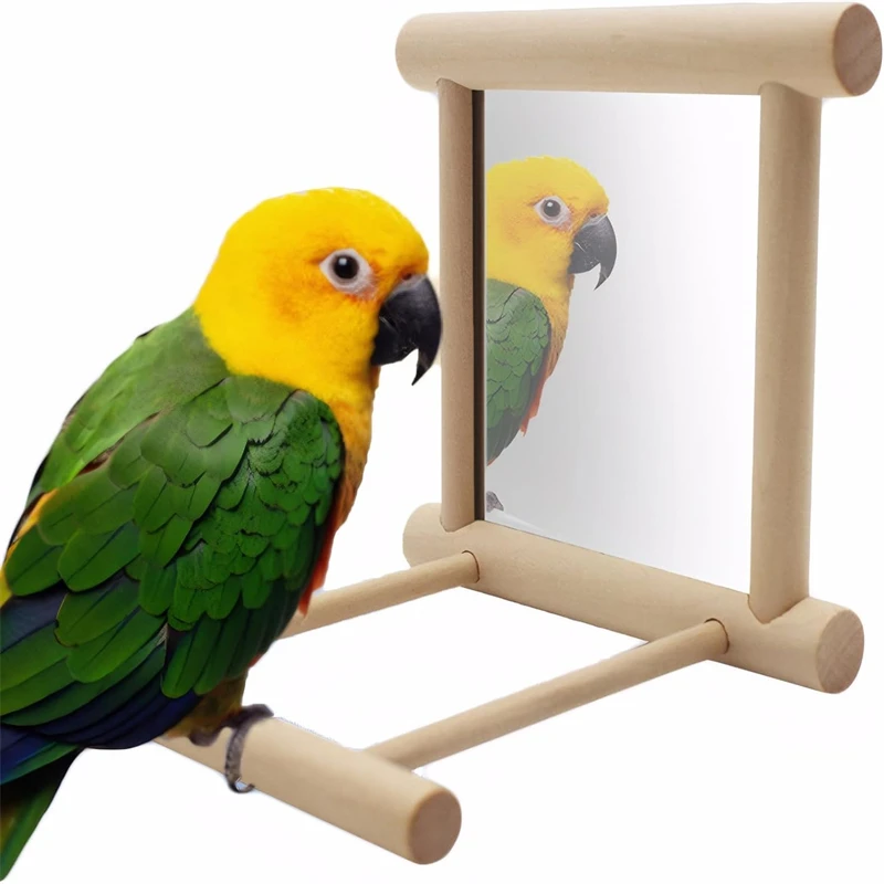 Wood Bird Mirror With Perch Stand Toy for Parrot Parakeets Cockatiels Cage Accessories