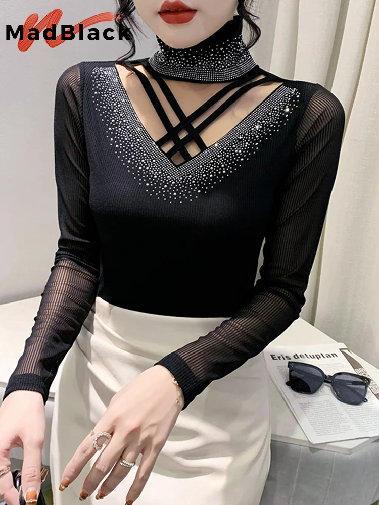 

MadBlack T-Shirt Sexy Halter Shiny Diamonds Hollow Out Women Slim Mesh Tops Long Sleeve Tees For Autumn Spring T3N8103JD