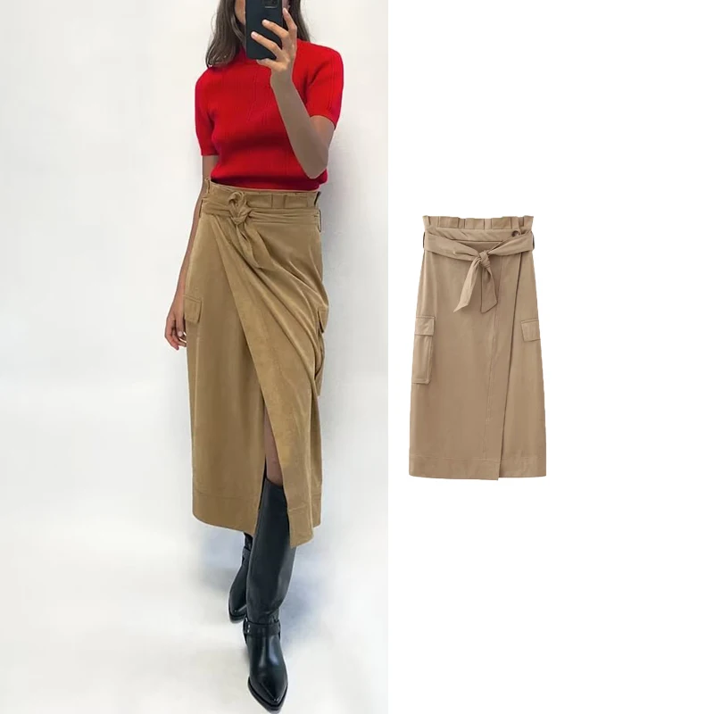 

TRAF Knot Skirt Woman With Belt Long Skirts For Women Fashion 2023 High Waist Midi Skirt Autumn Elegant Female Party Skirts