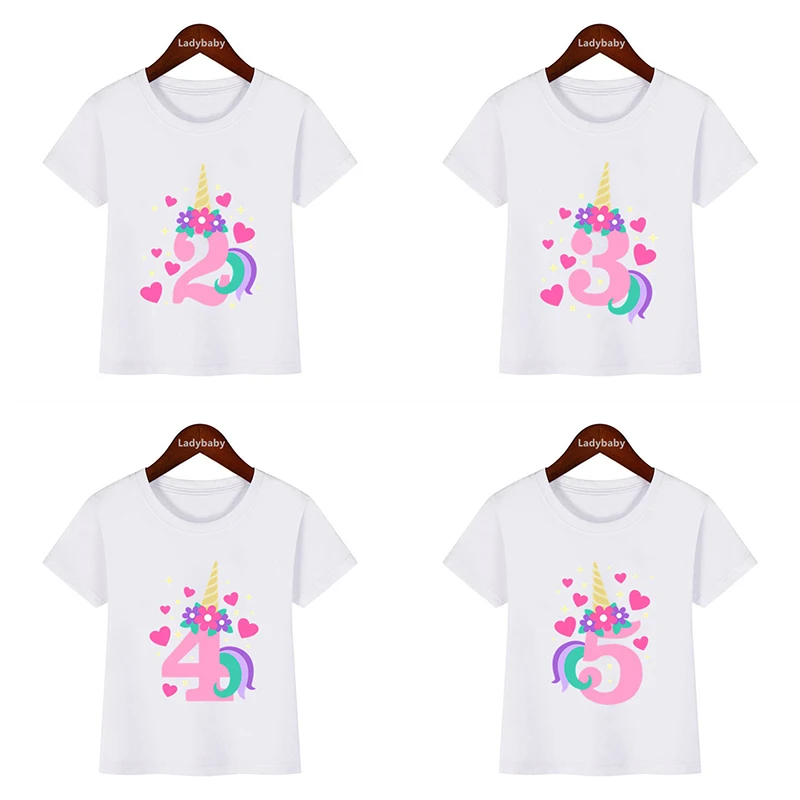 Cute Unicorn Happy Birthday Number Bow Kids T Shirt 1 2 3 4 5 6 7 8 9 Anni Vestiti Per Ragazze Estate Manica Corta T-Shirt Per Neonati