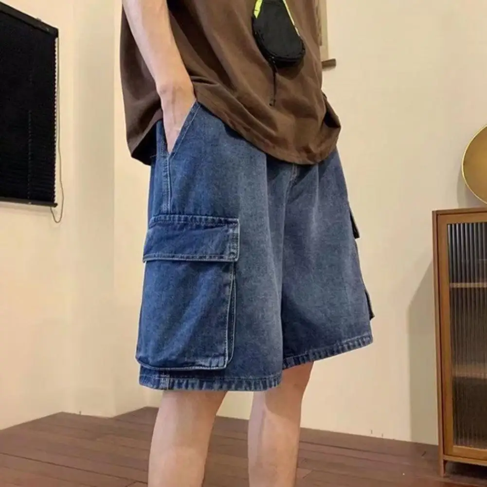 남성용 루즈한 와이드 레그 반바지, 멀티 포켓, 깊은 가랑이, 신축성 허리, 얇은 무릎 길이, 통기성 스트레이트 카고, 부드러운 여름 쿨링