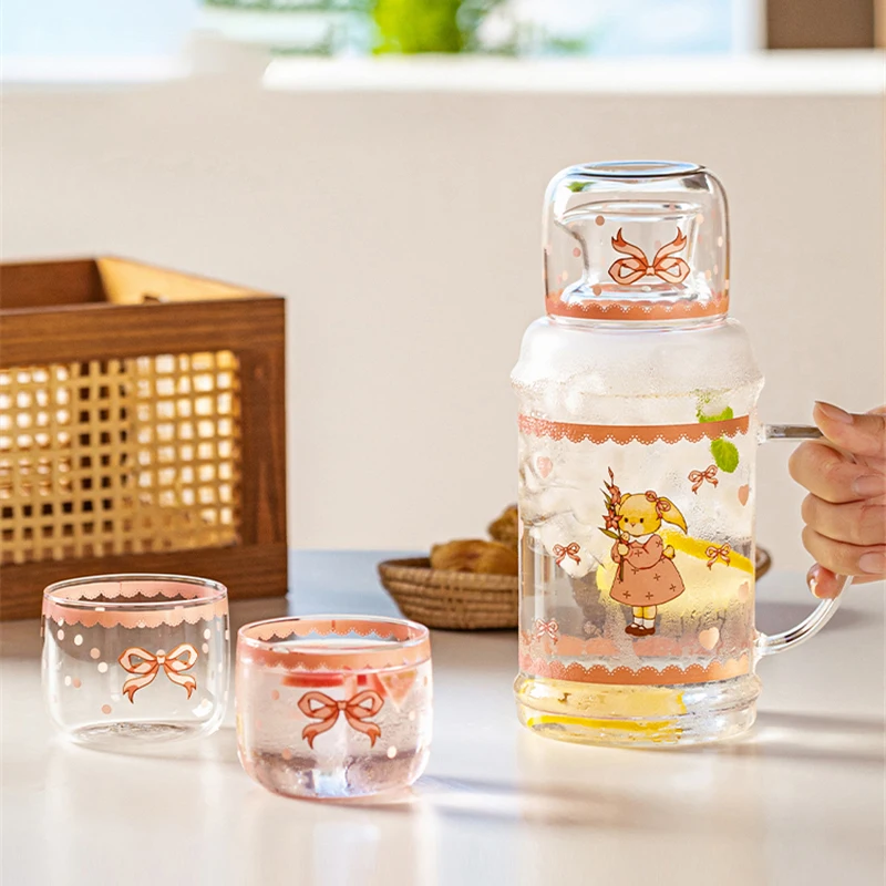 Glass Cold Kettle With lid and Handle Cartoon Rabbit Drink Dispenser Cup Kettle Large Capacity 1L Household Party Water Pitcher