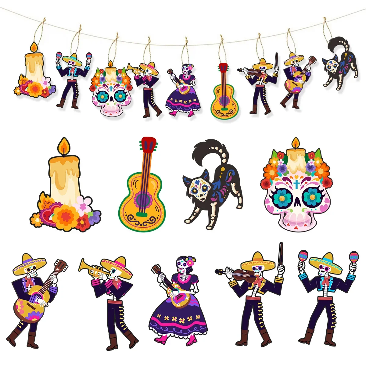 9 Teile/beutel Cartoon Mexikanischen Tag der Toten Thema Papier Baum Anhänger Schädel Gitarre Kleiderbügel Hintergrund für Halloween Party Dekoration