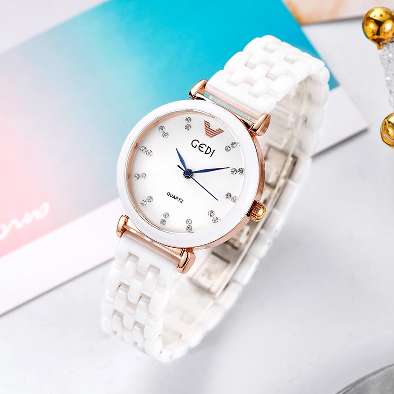 Elegant  White Quartz Watch for Women Luxury Simulated Ceramics Band Diamonds 30m Water Resistance Ladies Wristwatch Gift Women