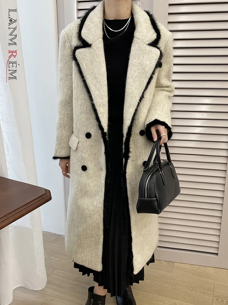 

[LANMREM] Contrast Color Thick Warm Woolen Coats For Women Notched Double Breasted Female Outwear 2023 Winter New 26D7559