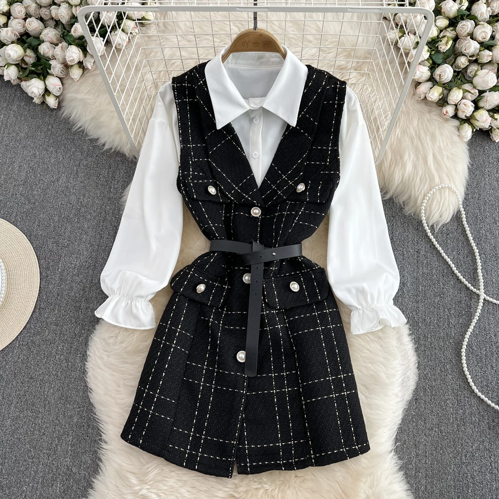 

Fashion single breasted tweed waistcoat two-piece loose white shirt suit