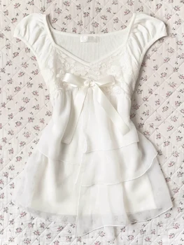 Y2k Kawaii White Ruffle Sweet Blouse Women Japanese Fashion Fairy Bow Sleeveless Tops New Harajuku Elegant Slim Summer Shirts 1