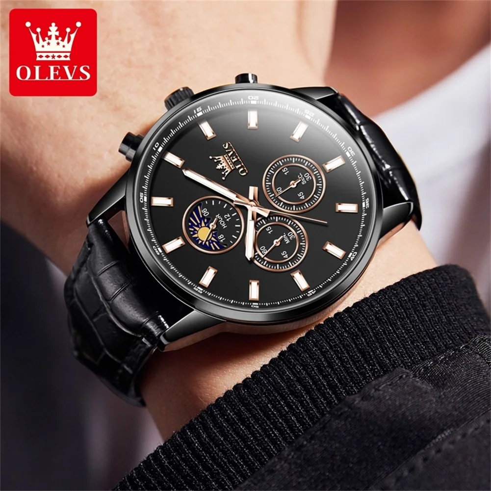 OLEVS Fashion Chronograph Quartz Watch for Men Leather Strap Waterproof Calendar Moon Phases Mens Watches Top Brand Luxury Clock