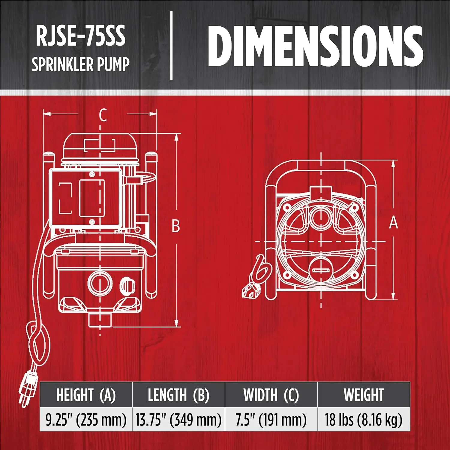 Stainless Steel 3/4 HP Sprinkler Utility Pump with 115V, 11 GPM, 8ft Cord, Red Lion RJSE-75SS