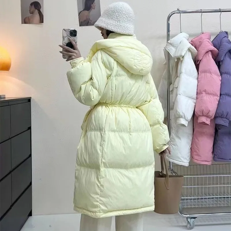 2023 New Women Down Jacket Winter Coat Female Long Knee Length Parkas Loose Hood Outwear Thicken Academic Style Waisted Overcoat