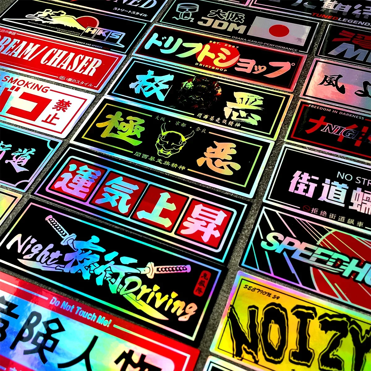 Vinyl stickers 24PCS/Lot laser rainbow Speedhunters Oni Samurai JDM good lucky racing car vinyl stickers motorcycle helmet decal accessories