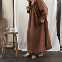 Vintage Cotton Linen Mori Dress Women Loose Drawstring Bell Long Sleeve Ruffles Maxi Dresses Retro Mori Girl Large Swing Skirt - Image 3