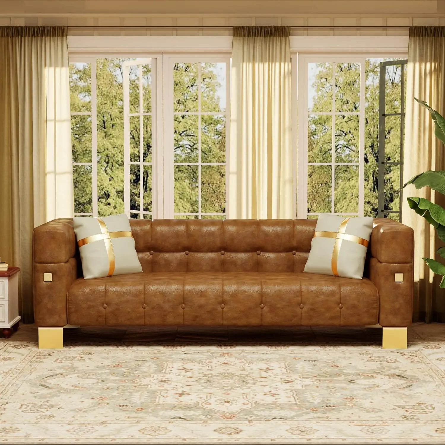 

88 '' Faux Leather Couch 3 Seater Living Room Sofa Mid-Century Modern Sofa(Brown-Pu)