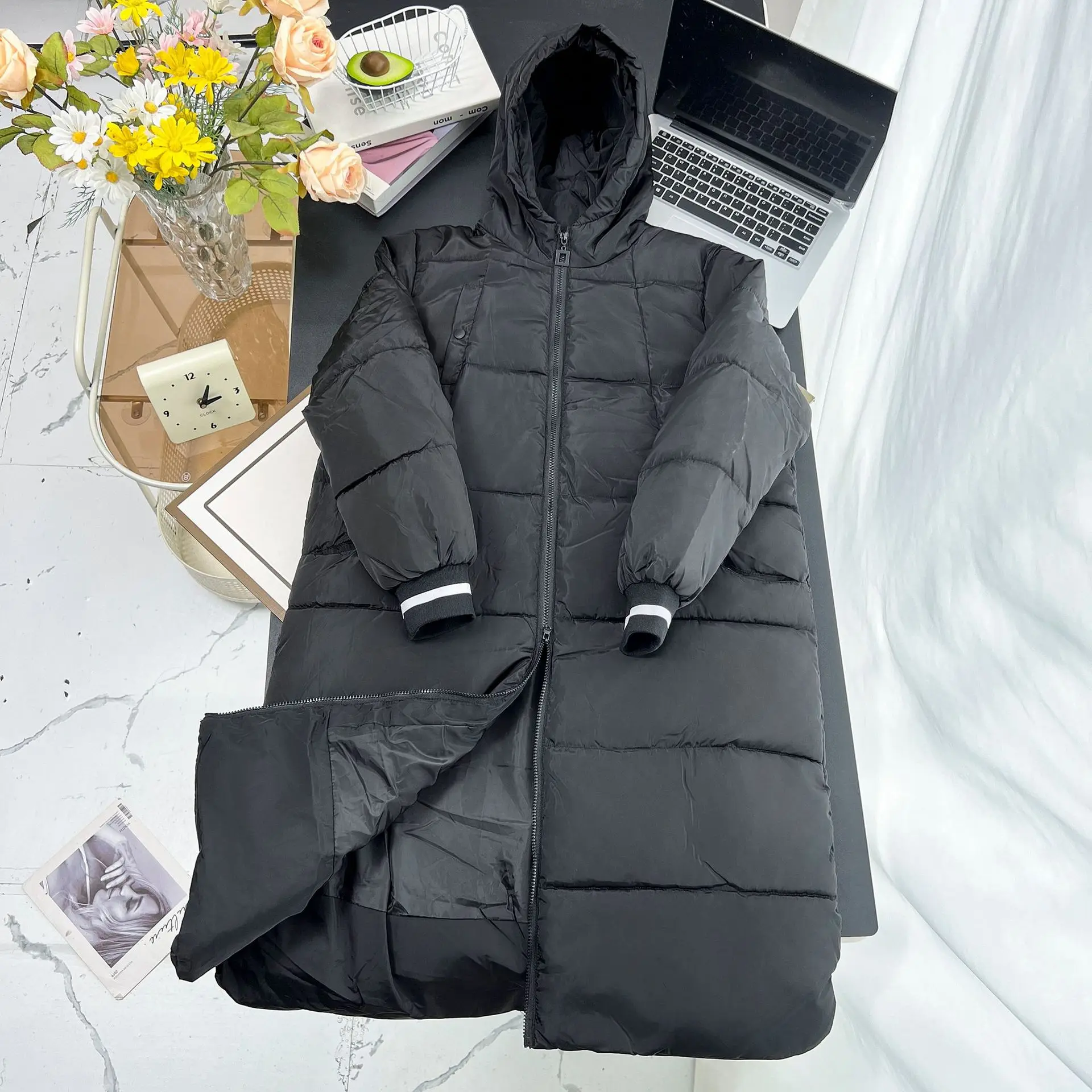 XXXXXL Fashion Plus Size Women's Parkas Winter Loose Black Thick Hooded Stripe Cuffs Warm X-Long Padded Coat 6860