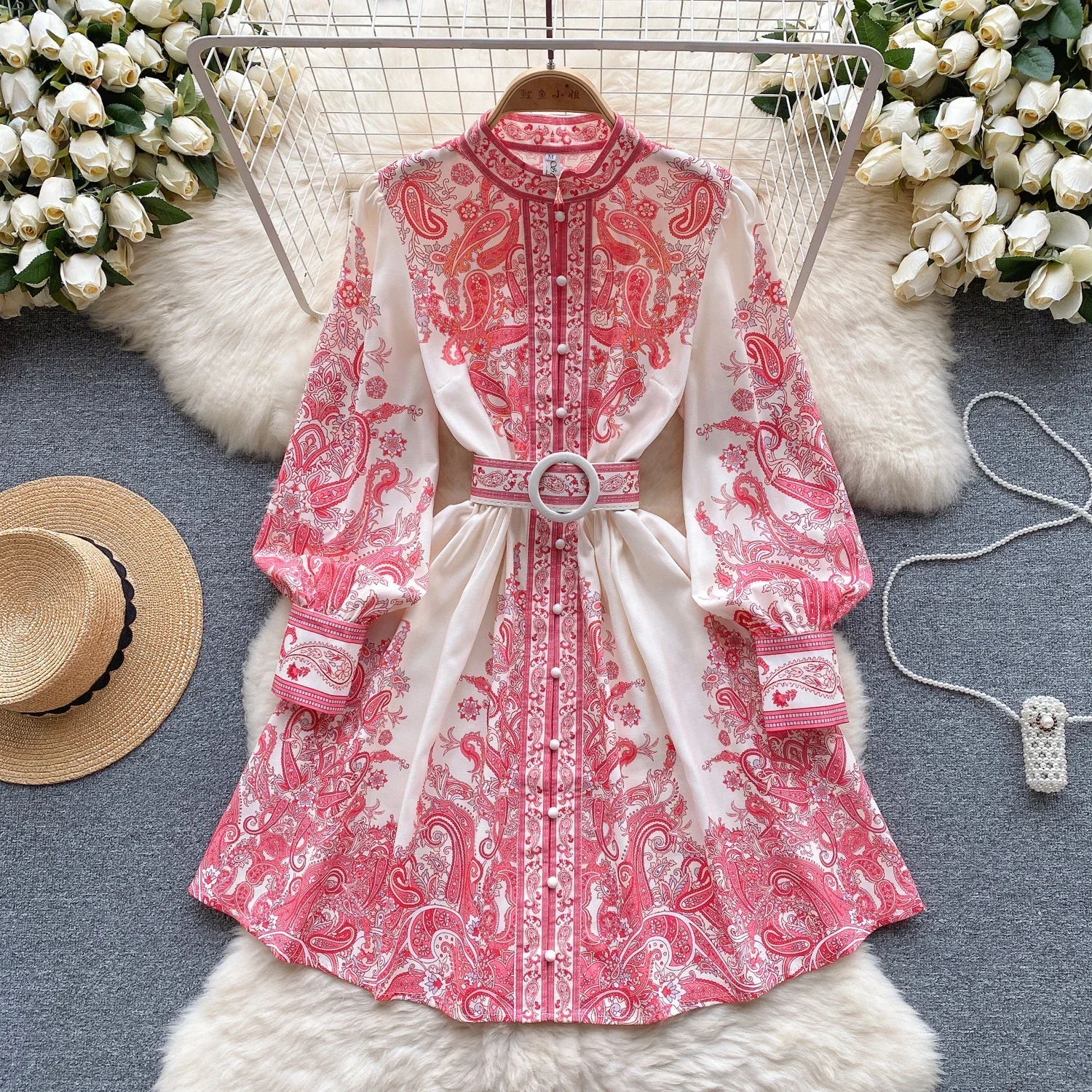 

Элегантное платье с шикарным принтом с рукавом-фонариком и поясом, ТРАПЕЦИЕВИДНОЕ Повседневное платье для отпуска, женское модное осенне-весеннее платье