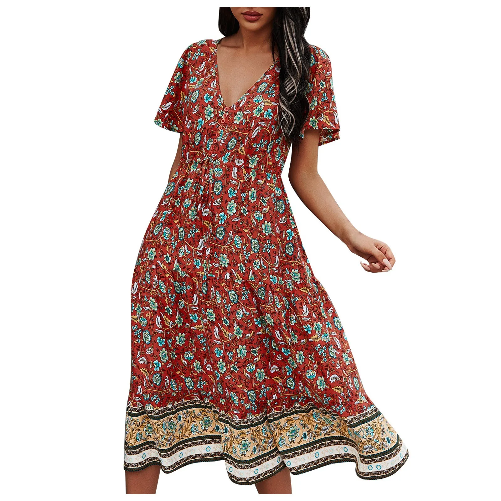 

Dresses Woman Summer 2023 Casual Loose V-Neck Retro Floral Print Rhombic Dress Fashion Beach Style Temperamental Ladies Sundress