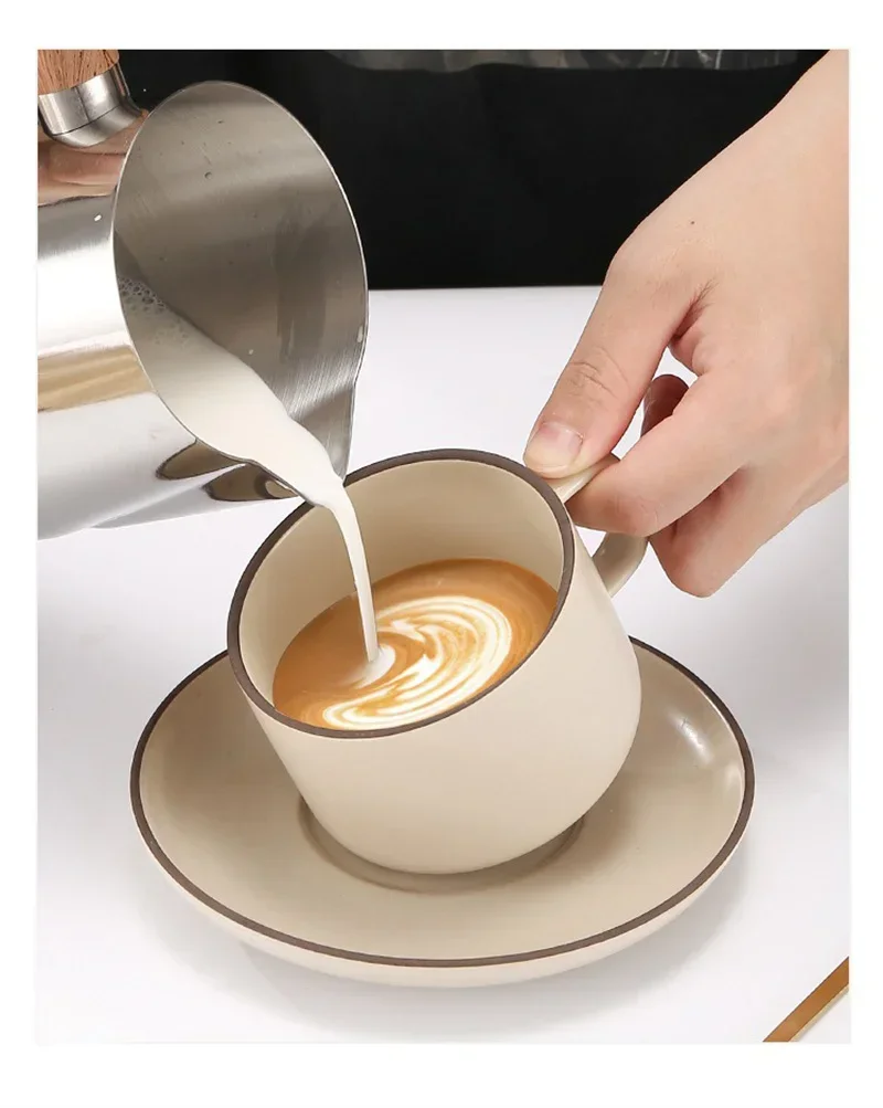 Description Picture 5 of item600/900ML Coffee Milk Frothing Pitcher Jug with Scale 304 Stainless Steel Latte Steam Coffee Pot Wooden Handle Latte Coffee Cup