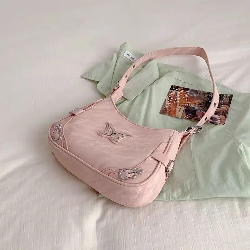 Xiuya Silver Y2k Womens Shoulder Bag Casual Aesthetic Literary Korean Style Fashion Handbag Summer Butterfly Leather Armpit Bag