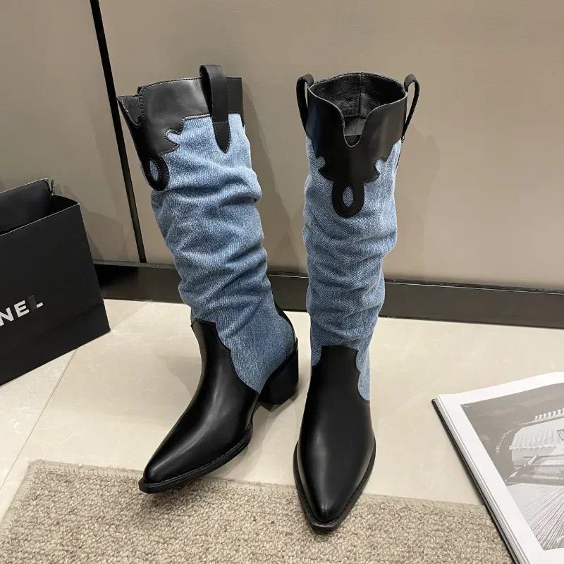 2023 New Western Cowboy Boots for Women Autumn Winter Pointed Toe Sewing Patchwork Med Heel Long Female Shoes Ethnic Style