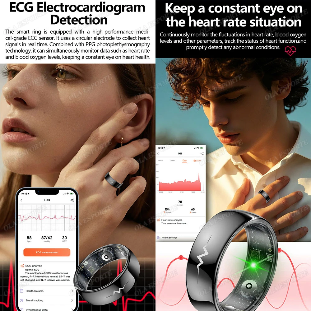 New ECG Monitor Smart Ring 2026 Heart Rate Blood Oxygen Health Monitoring Multi-sport Mode Temperature 3ATM Waterproof Smartring
