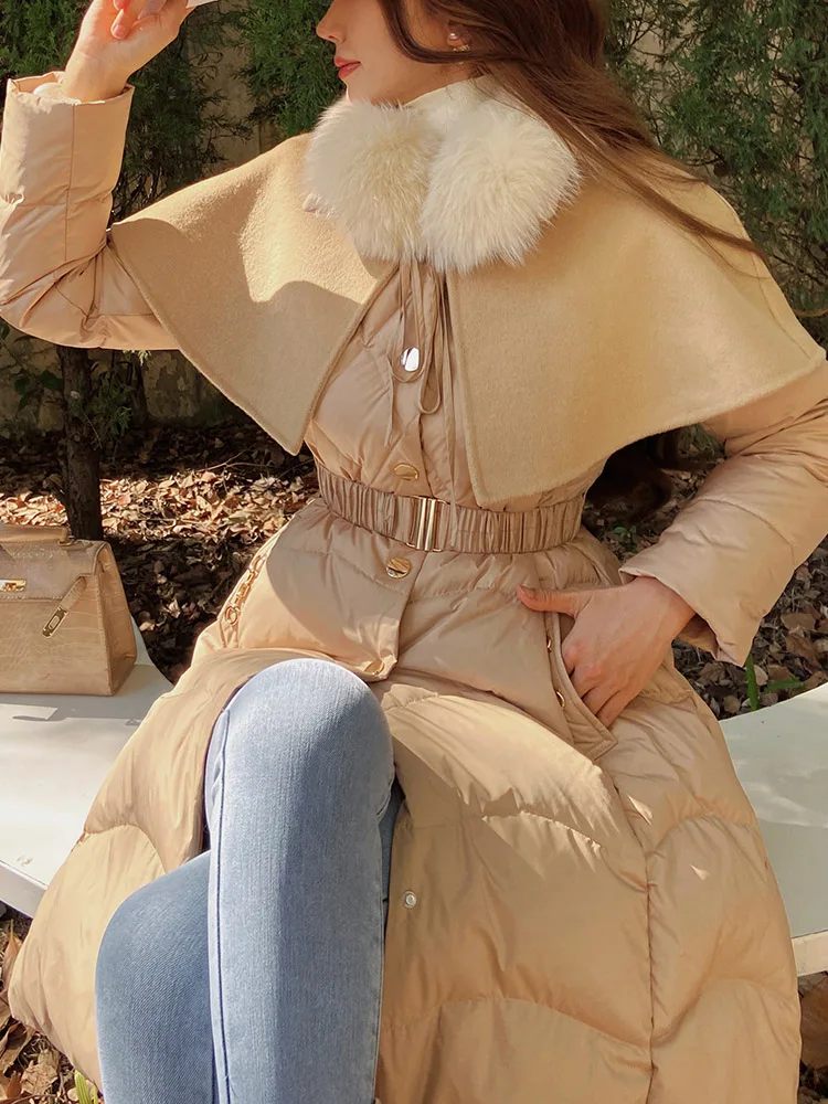 Elegant Fox Fur Collar Detachable Cloak Waist Slimming Down Jacket Women 2023 Winter New Office Lady Vintage Puffer Coats