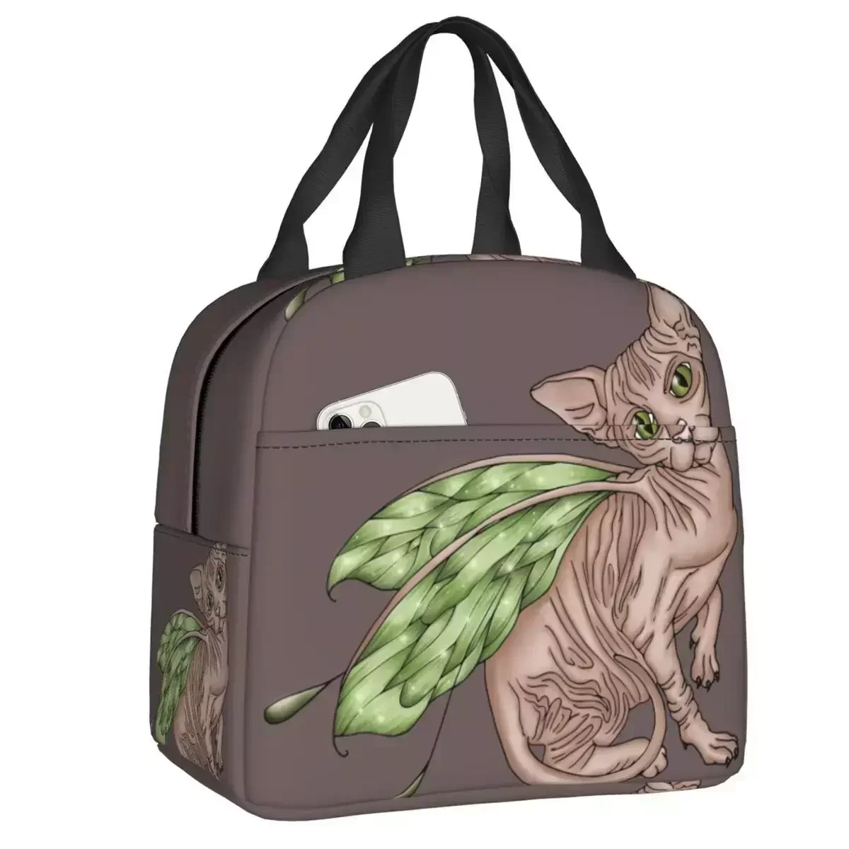 

2024 New Hairless Sphynx Cat Insulated Lunch Bags For Women Fairy Cat Portable Cooler Thermal Bento Box Kids School Children