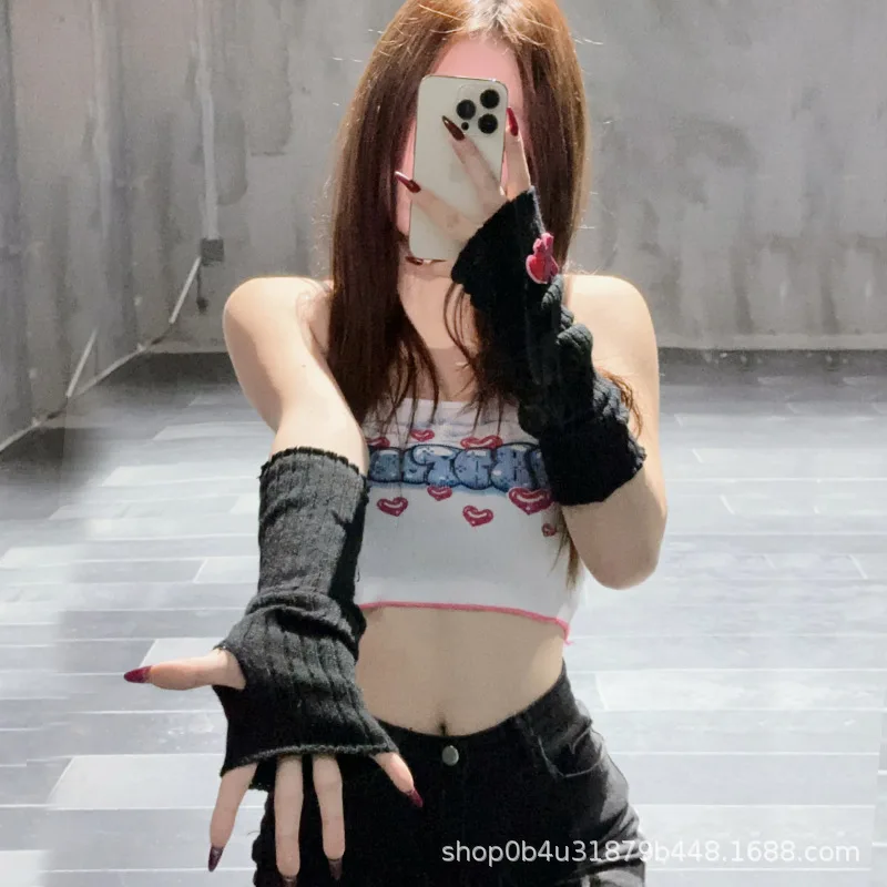 Punk subculture yarn arm sleeve top y2k millennium student autumn and winter new product sweet and spicy girl sleeve half finger