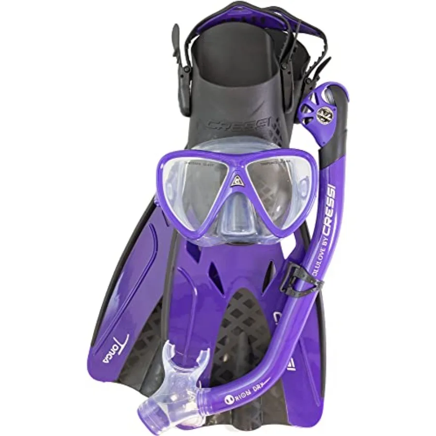 Adult Complete Snorkeling Set for Travel: Silicone Mask Dry Snorkel Adjustable Fins Lightweight Black Blue Italian-Designed Com