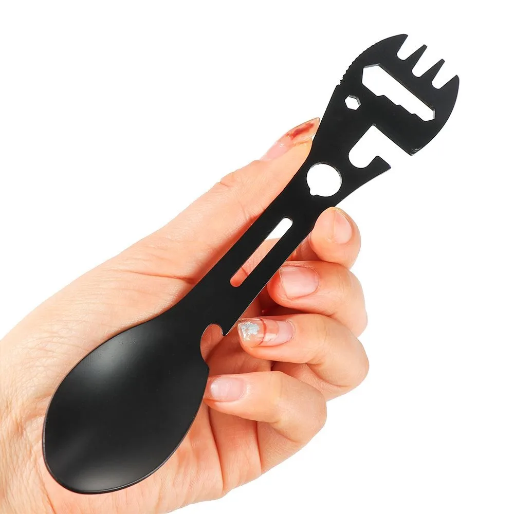 10 in 1 Outdoor Spork Fork Spoon Stainless Steel Wrench Camping Survival Tool Whistle Multi-function Multifunctional Spork camping multi tool