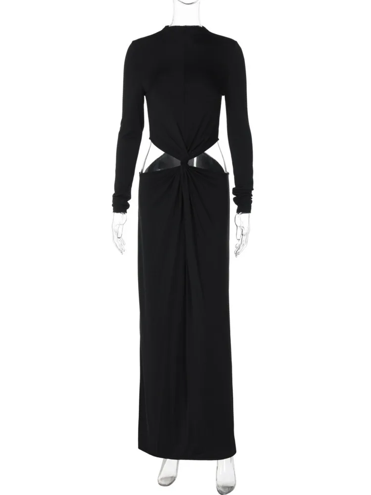 Blifanbo Long Sleeve Hollow Out Sexy Maxi Dress For Women Fashion Slim O Neck Patchwork Bodycon Elegant Club Party Long Dress 6