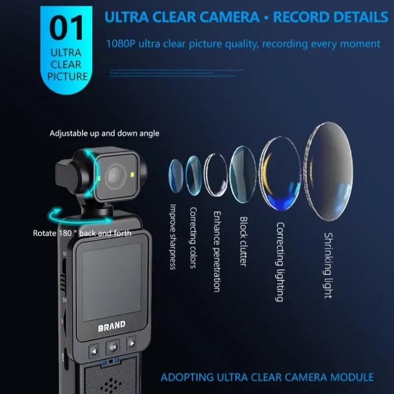 Vue de côté de la Caméra Action 1080P avec objectif rotatif 360°, affichant sa taille compacte