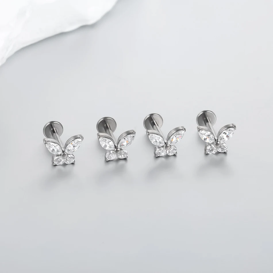 1/5pcs Implant Grade Titanium CZ Butterfly Labret Piercing Flat Back Lip Monroe Tragus Stud Earring Tragus Piercing Body Jewelry 6