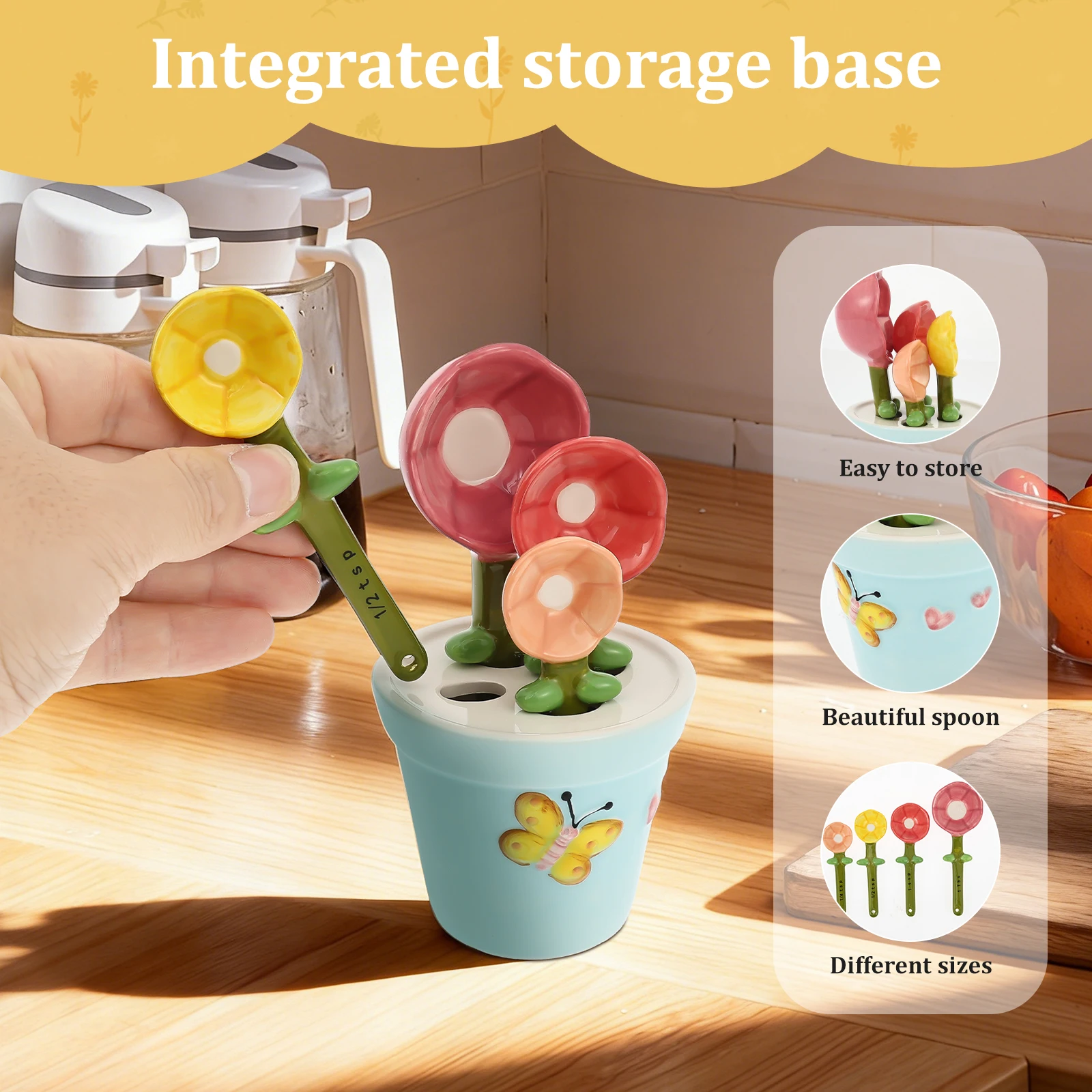 4Pcs Ceramic Measuring Spoon with Base Set 1/4 Tsp 1/2 Tsp 1 Tsp 1 Tbsp Ceramic Flower Pot Shape Kitchen Tool Baking Scale Spoon