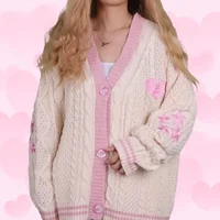 Autumn Heart Shaped Embroidery Lover Cardigan Women Winter Pink Star Cardigans Female Loose Fit Knitted Sweater Oversized Tops 2