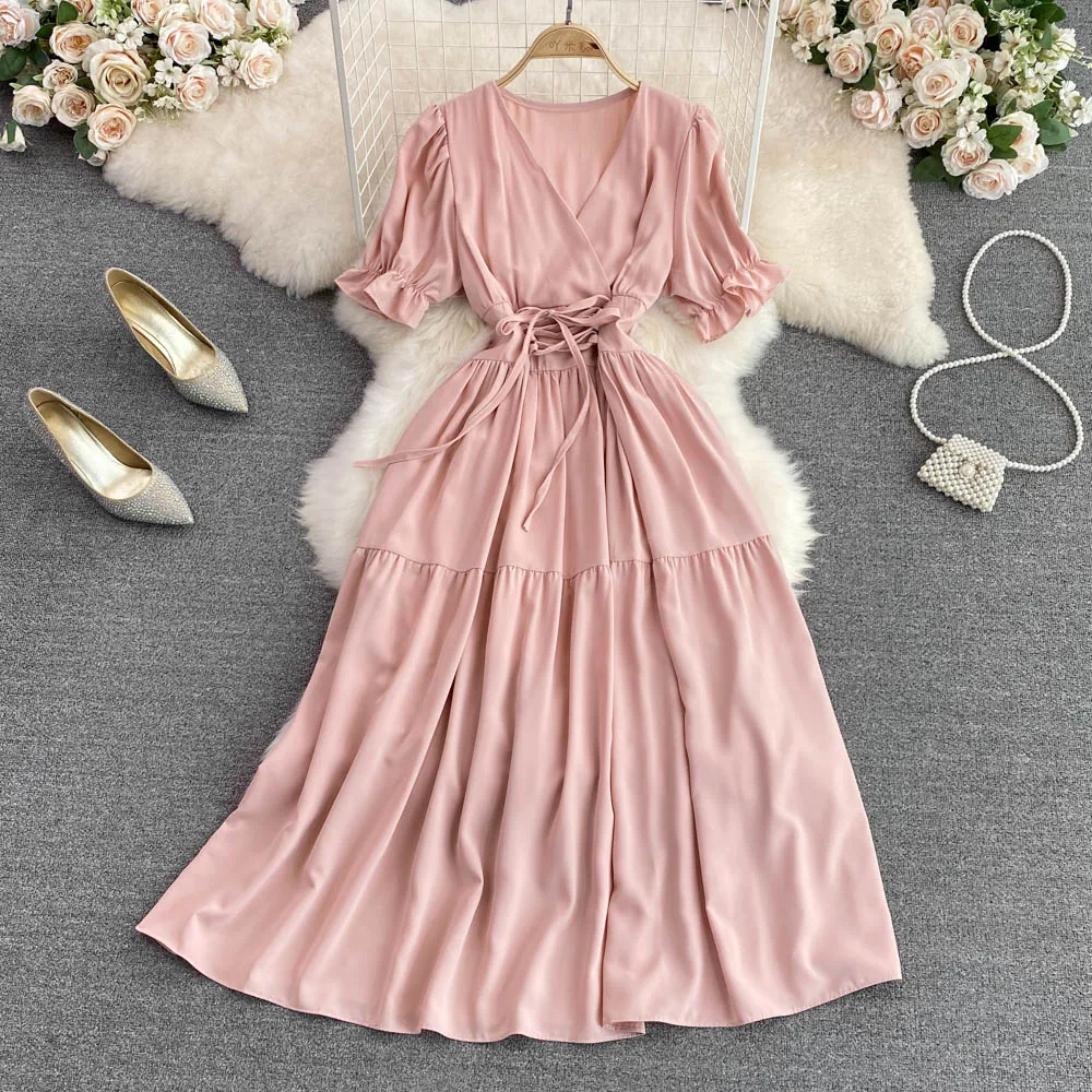 

French Slim Vintage V Neck Long Dress Summer Folds Puff Sleeve Women Lace Up Robe Ete Vestido de festa elegant tunic Vestidos