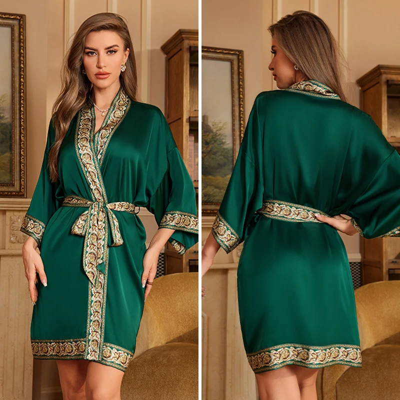 Navy Blue Floral Silk Satin Kimono-Style Nightgown
