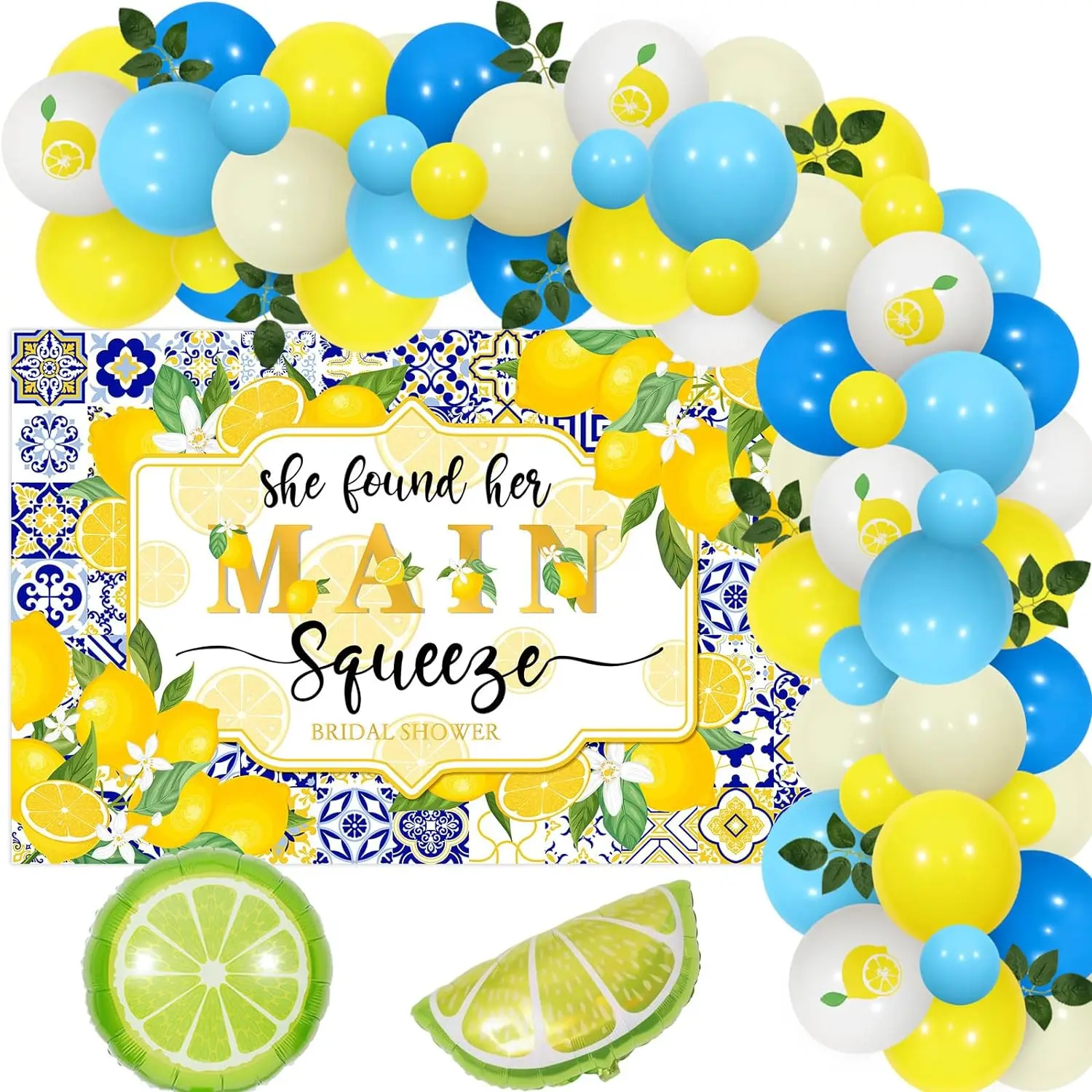 

Lemon Bridal Shower Decor She Found Her Main Squeeze Backdrop Balloons Arch Artificial Leaf Fruit Themed Engagement Bachelorette
