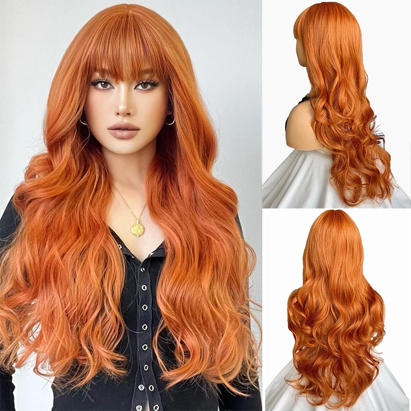 

Long Ginger Orange Body Wave Synthetic Wig With Bang For Women Natural Hairstyle Heat Resistant Fiber Daily Party Cosplay Wigs