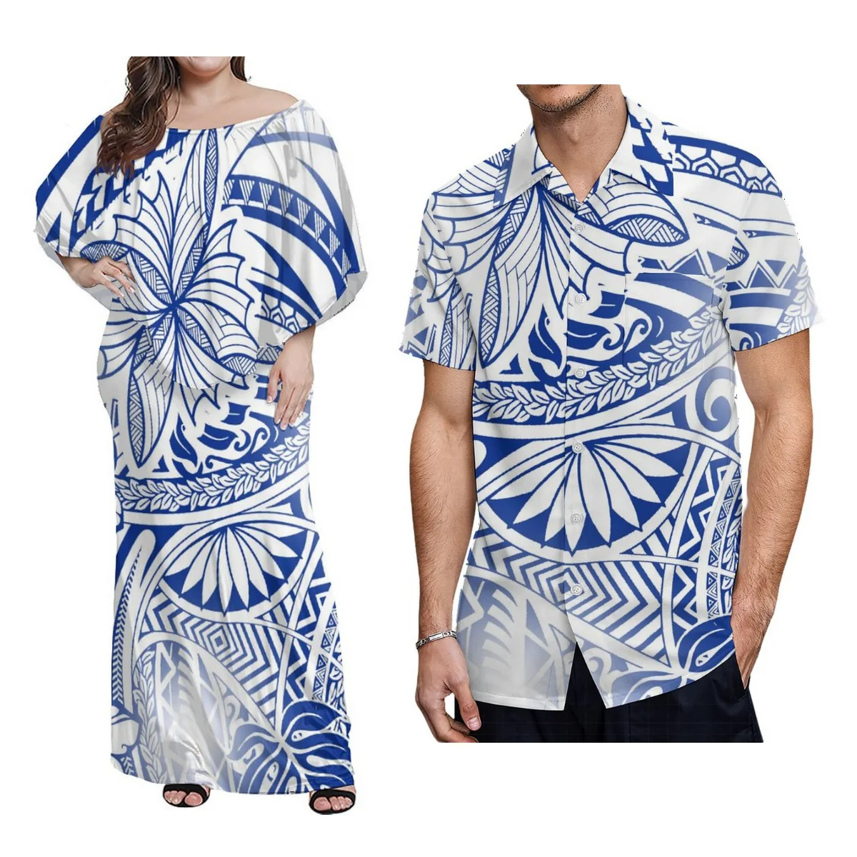 

New Samoan Women'S Cape-Sleeve Dress Slim-Fit Maxi Skirt And Hawaiian Men'S Shirt Polynesian With Couple Outfit